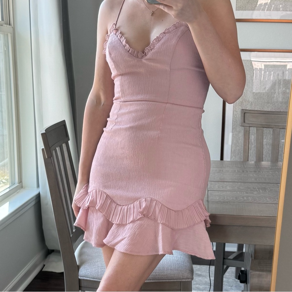Mauve Blush Pink Ruffle Hem Spaghetti Strap Girly Cute Dress